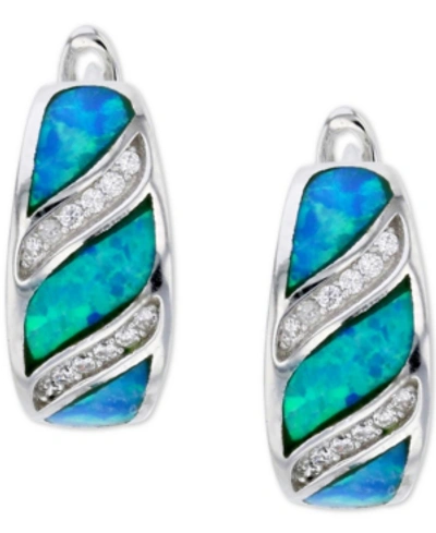Macy's Lab-created Blue Opal & Cubic Zirconia Huggie Hoop Earrings In Sterling Silver