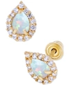 Macy's Lab-grown Opal (1/10 Ct. T.w.) & Lab-grown White Sapphire (1/6 Ct. T.w.) Pear Halo Stud Earrings In Yellow Gold