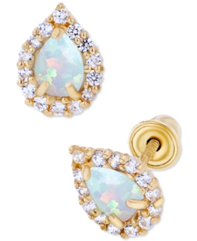 Macy's Lab-grown Opal (1/10 Ct. T.w.) & Lab-grown White Sapphire (1/6 Ct. T.w.) Pear Halo Stud Earrings In Yellow Gold