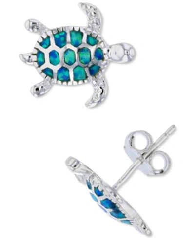 Macy's Lab-created Blue Opal Turtle Stud Earrings In Sterling Silver