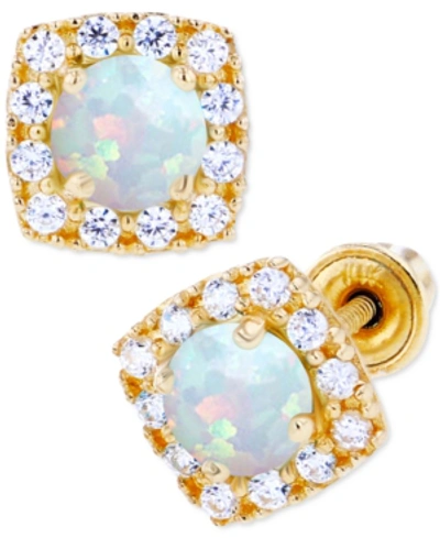 Macy's Lab-created Opal (1/5 Ct. T.w.) & Lab-created White Sapphire (1/6 Ct. T.w.) Cushion Halo Stud Earrin In Yellow Gold