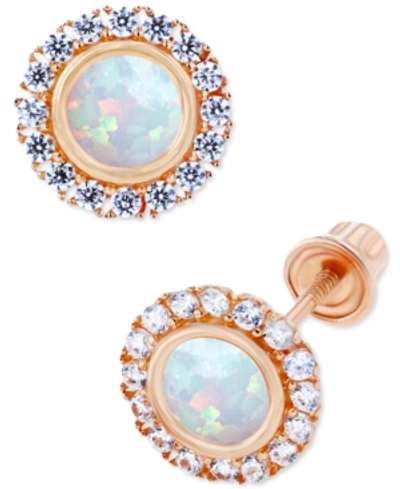 Macy's Lab-grown Opal (1/5 Ct. T.w.) & Lab-grown White Sapphire (1/5 Ct. T.w.) Halo Stud Earrings In Rose Gold