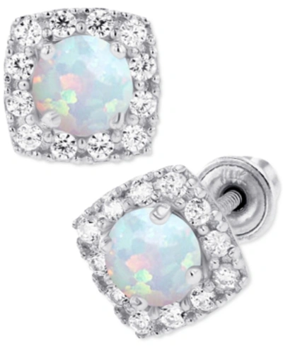 Macy's Lab-created Opal (1/5 Ct. T.w.) & Lab-created White Sapphire (1/6 Ct. T.w.) Cushion Halo Stud Earrin In Sterling Silver
