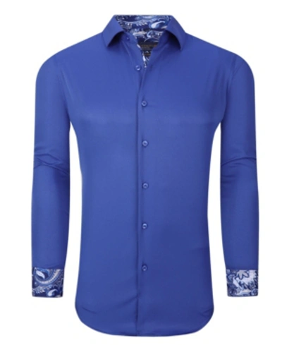 Azaro Uomo Men's Solid Slim Fit Wrinkle Free Stretch Dress Shirt In Blue