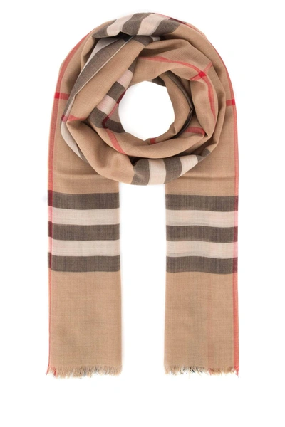 Burberry Check Motif Wool And Silk Scarf In Brown