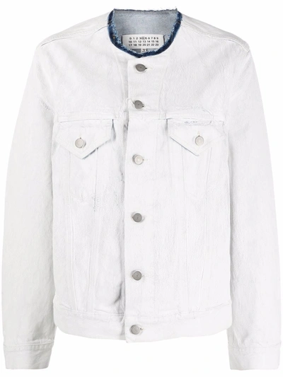Maison Margiela Bianchetto Hand-painted Collarless Denim Jacket In White Crackle