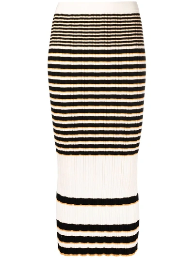 Theory Striped Ribbed Cotton-blend Midi Skirt In Cream