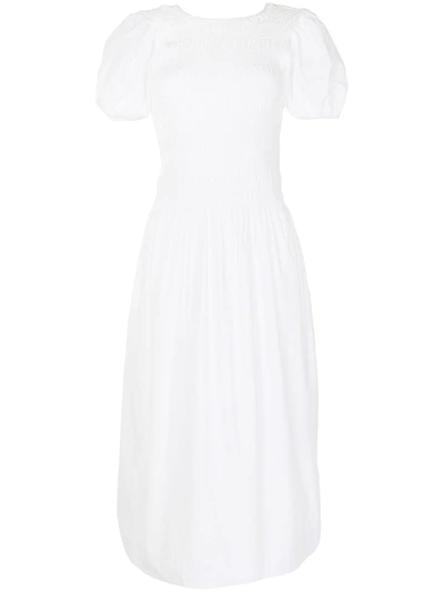 Ganni Smocked Organic Cotton-poplin Midi Dress In Bright White