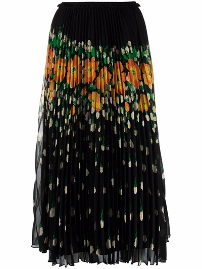 Red Valentino Floral Print Pleated Mid-length Skirt In Black