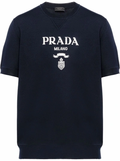 Prada Logo-intarsia Short-sleeve Knitted Top In Schwarz