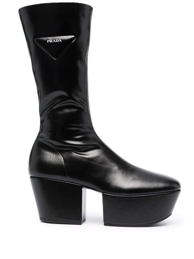 Prada Triangle Logo Platform Boots In Black