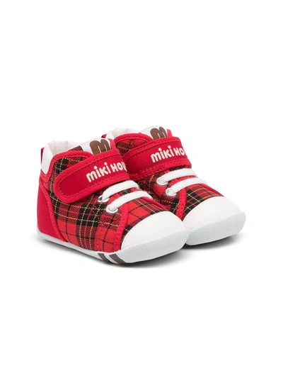 Miki House Babies' Tartan Touch-strap Sneakers In 红色