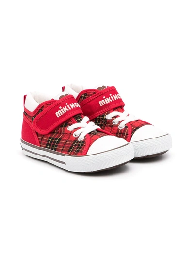 Miki House Tartan-print Touch-strap Sneakers In 红色