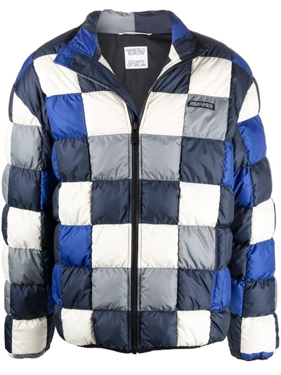Marcelo Burlon County Of Milan Checkerboard Inlay Down Jacket In Blue