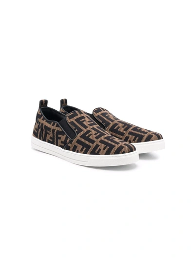 Fendi Kids' Brown Ff Motif Slip-on Trainers In 褐色