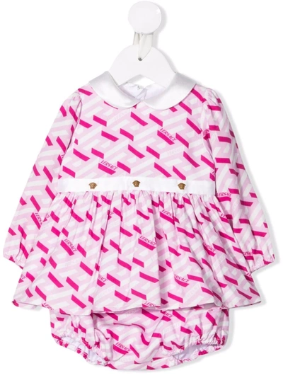 Versace Babies' La Greca Monogram Print Long Sleeve Dress In Fuxia Pink