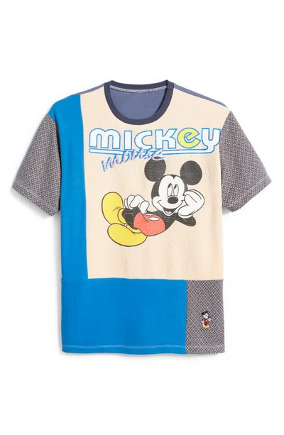 Disney Unisex Upcycled Mickey Mouse Embroidered Tee In Light Orange/ Blue