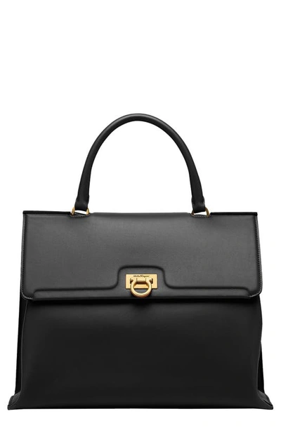 Ferragamo Small Trifolio Leather Top Handle Bag In Black