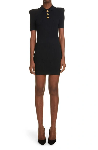 Balmain Peak Shoulder Logo Embossed Button Rib Polo Shirt Dress In Black