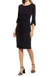 Connected Apparel Faux Wrap Bell Sleeve Jersey Cocktail Dress In Black