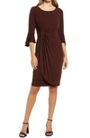 Connected Apparel Faux Wrap Bell Sleeve Jersey Cocktail Dress In Coffee