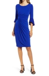 Connected Apparel Faux Wrap Bell Sleeve Jersey Cocktail Dress In Deep Cobalt