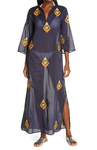 Tory Burch Embroidered Cotton Voile Coverup Caftan In Tory Navy | ModeSens