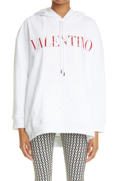 Valentino Logo-print Lace-panel Hoodie In White
