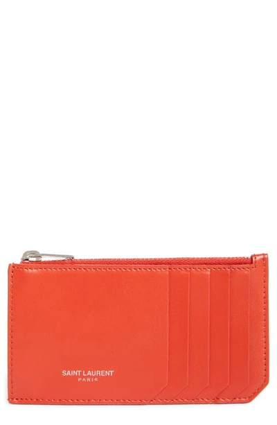 Saint Laurent Fragments Leather Zip Card Case In Red Orange