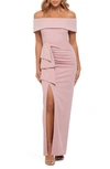 Xscape Long Off The Shoulder Scuba Crepe Dress In Rose Pink