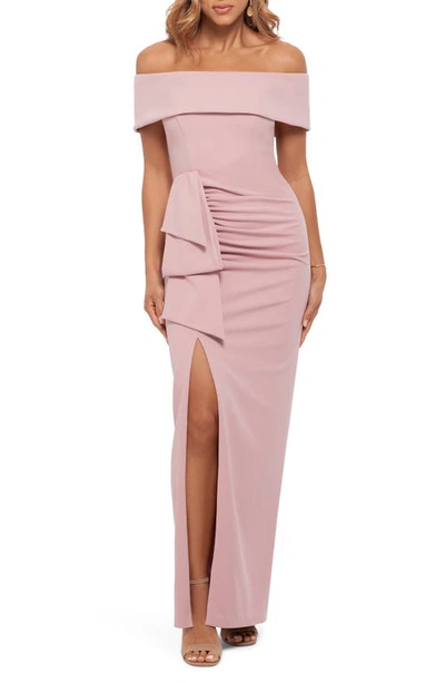 Xscape Long Off The Shoulder Scuba Crepe Dress In Rose Pink