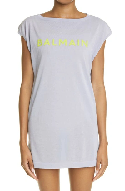 Balmain Logo Cotton Blend Cover-up Tunic In Light Grey