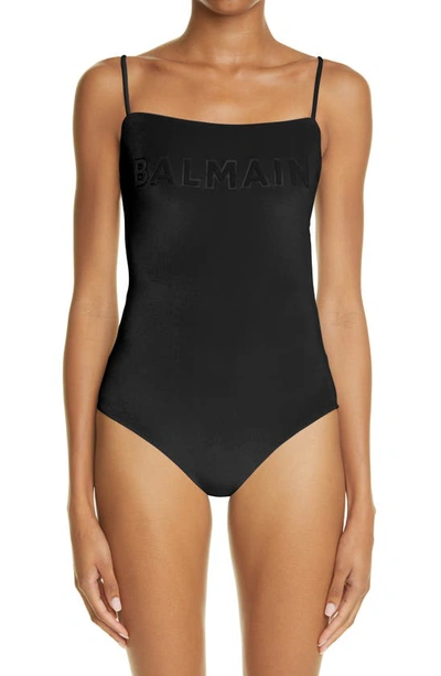 Balmain Logo-embossed Metallic One-piece Swimsuit In Black