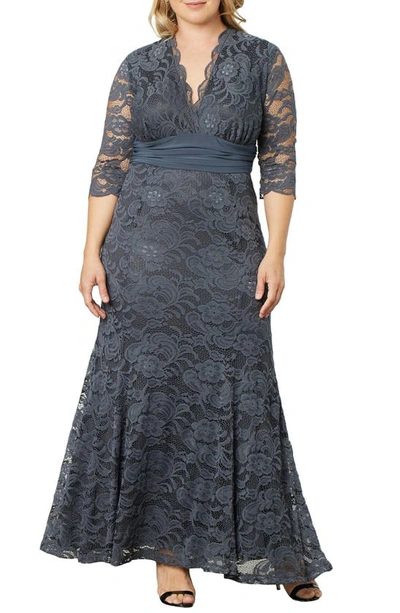 Kiyonna Women's Plus Size Screen Siren Lace Evening Gown In Twilight Grey