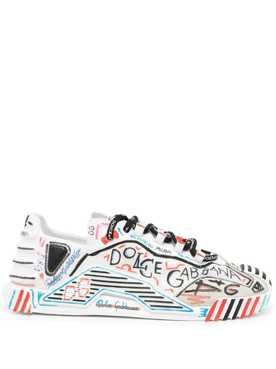 Dolce & Gabbana Hand-painted Leather Sneakers In Multicolor