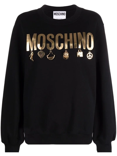 Moschino Embellished Logo-print French Cotton-terry Sweatshirt In Black