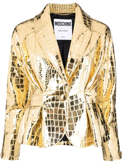 Moschino Crocodile-embossed Shawl-lapel Blazer In Gold