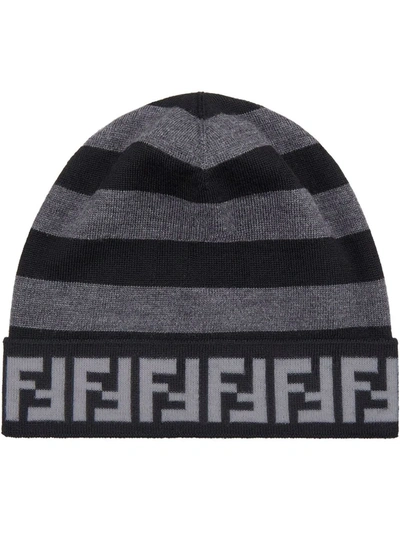 Fendi Ff-motif Pequin-stripe Knitted Beanie In Black