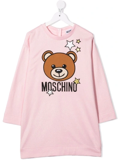 Moschino Kids' 图案印花平纹针织连衣裙 In Pink