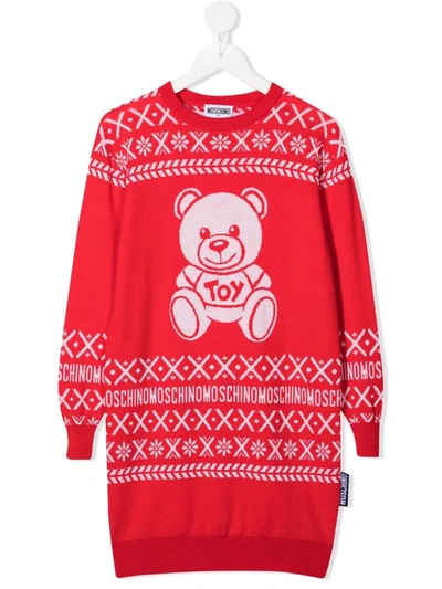Moschino Kids' Teddy Bear Knit Jumper Dress In Red