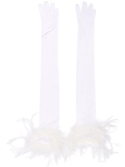 Styland Feather-trim Long Gloves In White