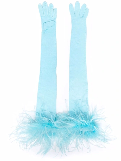 Styland Feather-trim Long Gloves In Blue