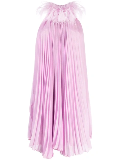 Styland Feather-collar Pleated Dress In Pink