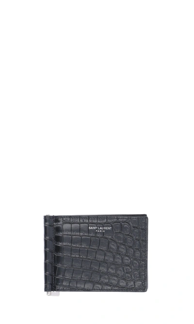 Saint Laurent Croco Logo Moneyclip In Black