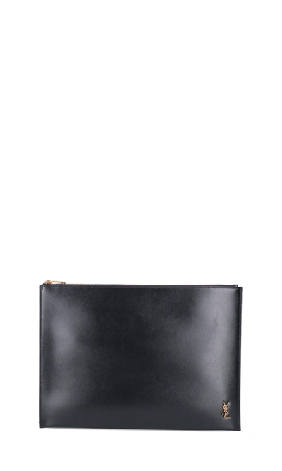 Saint Laurent Matte Leather Tiny Monogram Zip Tablet Holder In Black