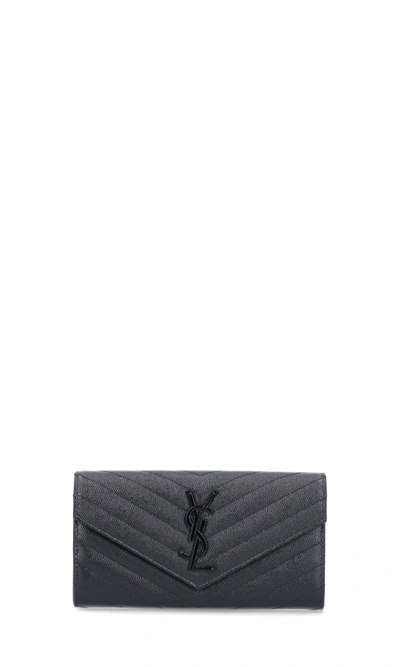 Saint Laurent Ysl Monogram Large Flap Wallet In Grained Leather In Black