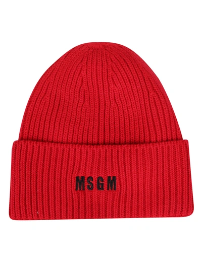 Msgm Logo Embroidery Knit Beanie In Red