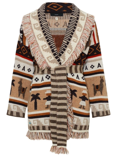 Alanui The Long Way To Ushuaia Belted Fringed Cashmere-blend Jacquard Cardigan In Brown,beige