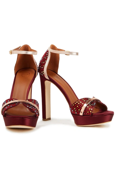 Malone Souliers Miranda 125 Embellished Leather-trimmed Satin Platform Sandals In Burgundy