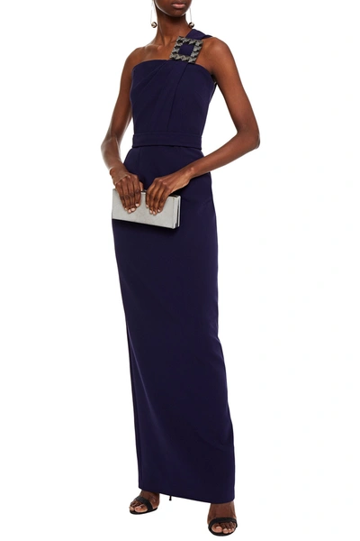 Safiyaa One-shoulder Buckle-embellished Stretch-crepe Gown In Blue